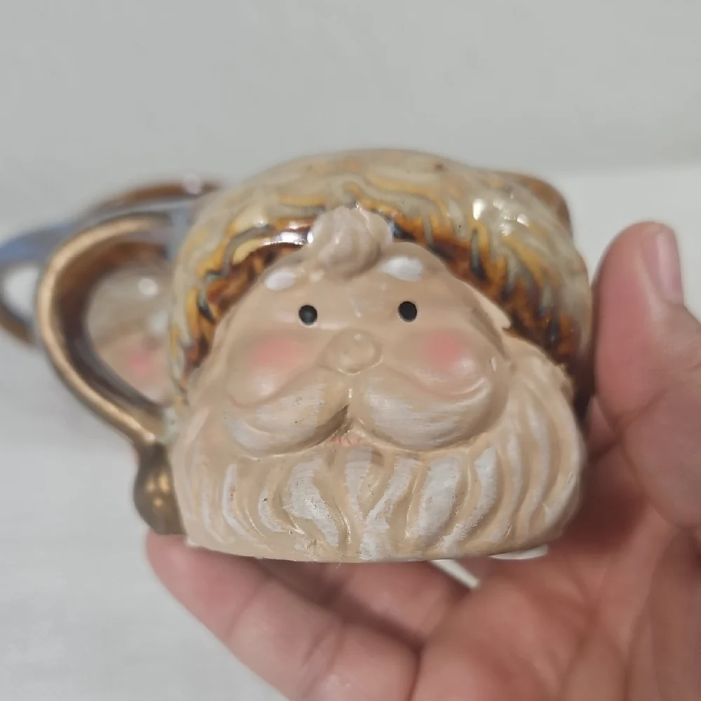 NWT Set of 2 Bohemian Brown Cream & Blue Santa Claus Ceramic Tea Light Holders